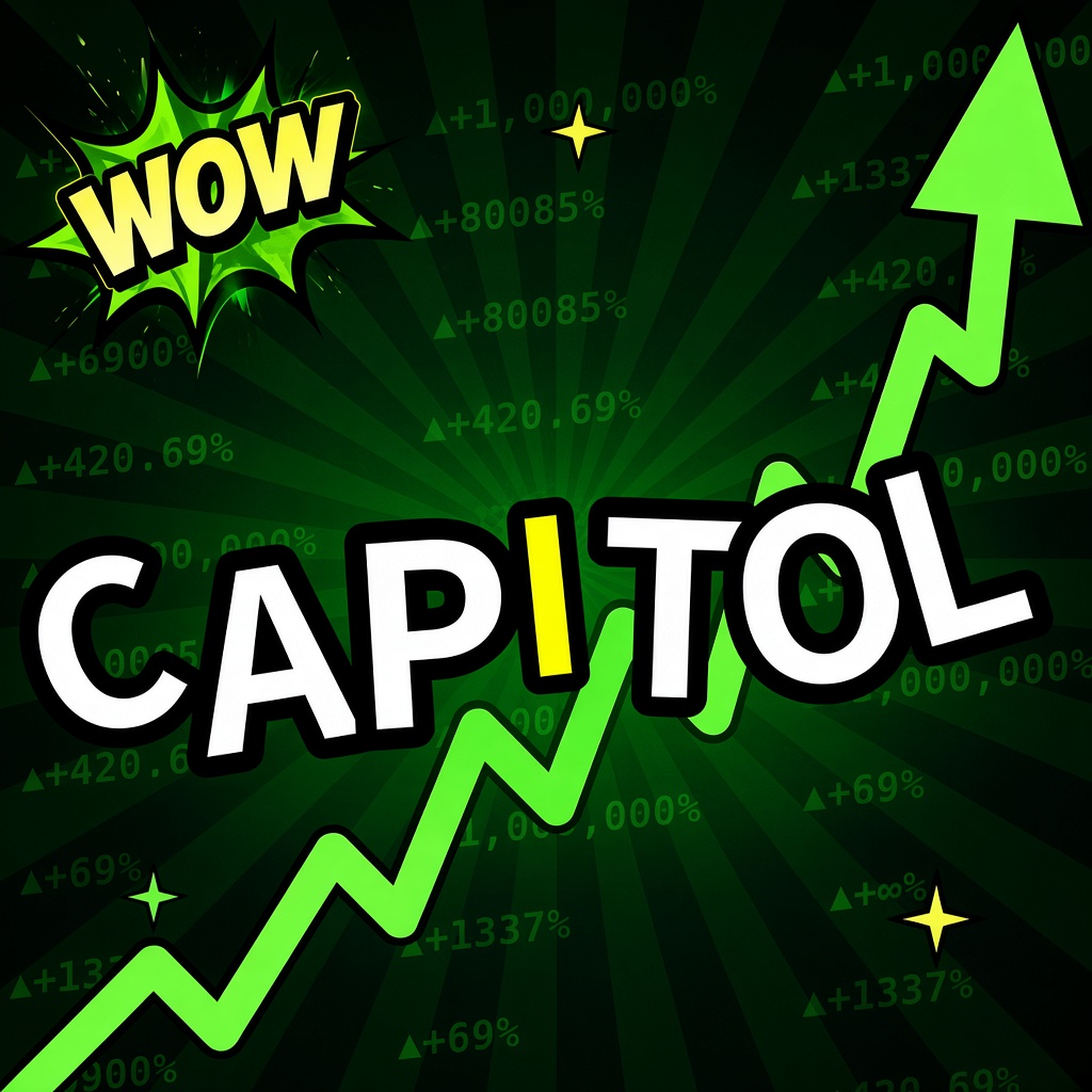 CAPITOL wordmark over a neon green rising chart and arrow