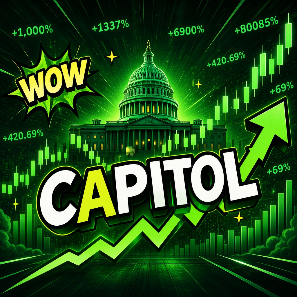 Glowing Capitol dome behind neon candlesticks and the CAPITOL wordmark