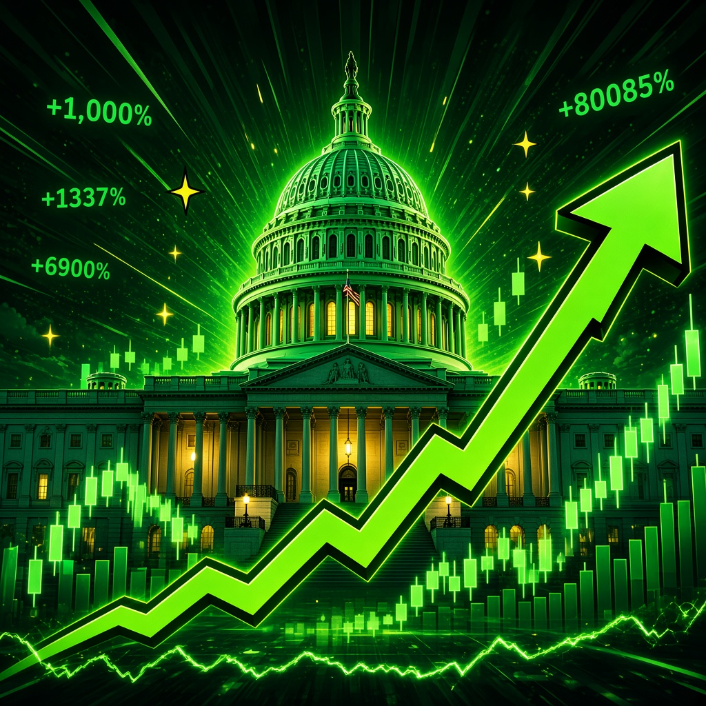 United States Capitol lit neon green with a giant rising arrow