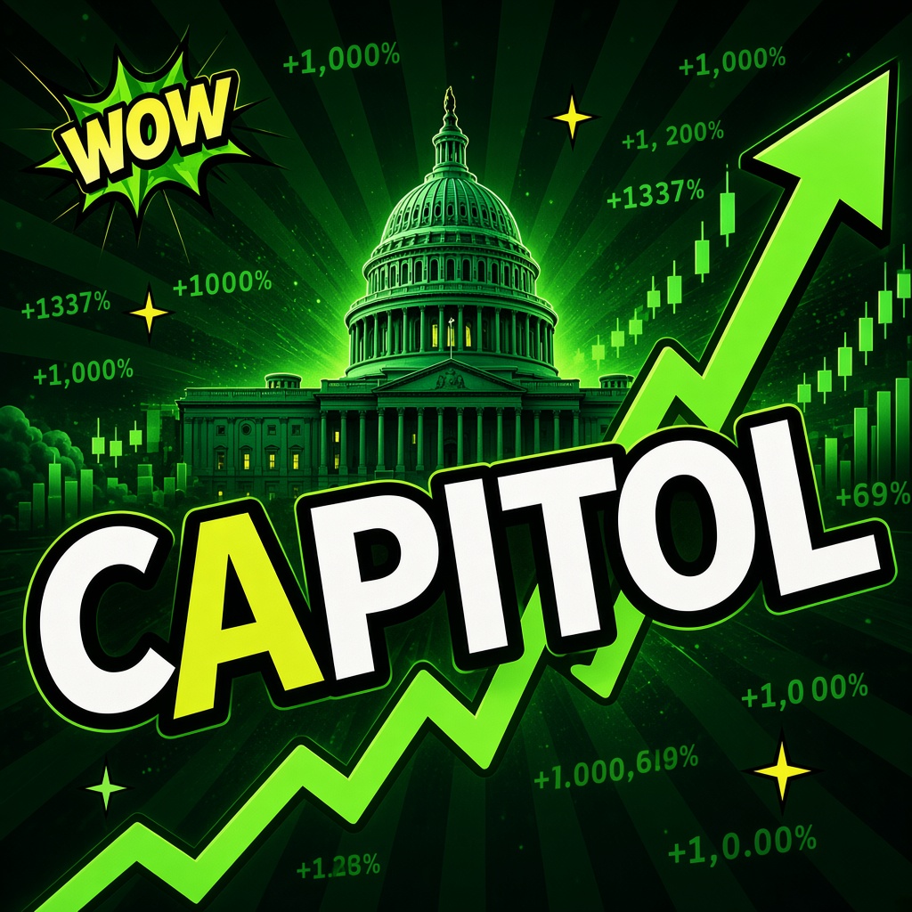 Neon green Capitol dome at night with the CAPITOL wordmark and a rising chart